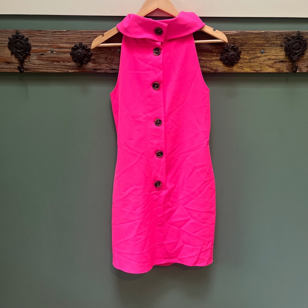 Sail to Sable STS Neon Pink Sleeveless High Neck Button Back Shift Dress Small - Picture 4 of 5